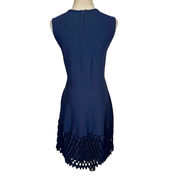Lela Rose Accordion Lasercut Knit Viscose Fit and Flare Dress in Navy - Picture 8 of 10